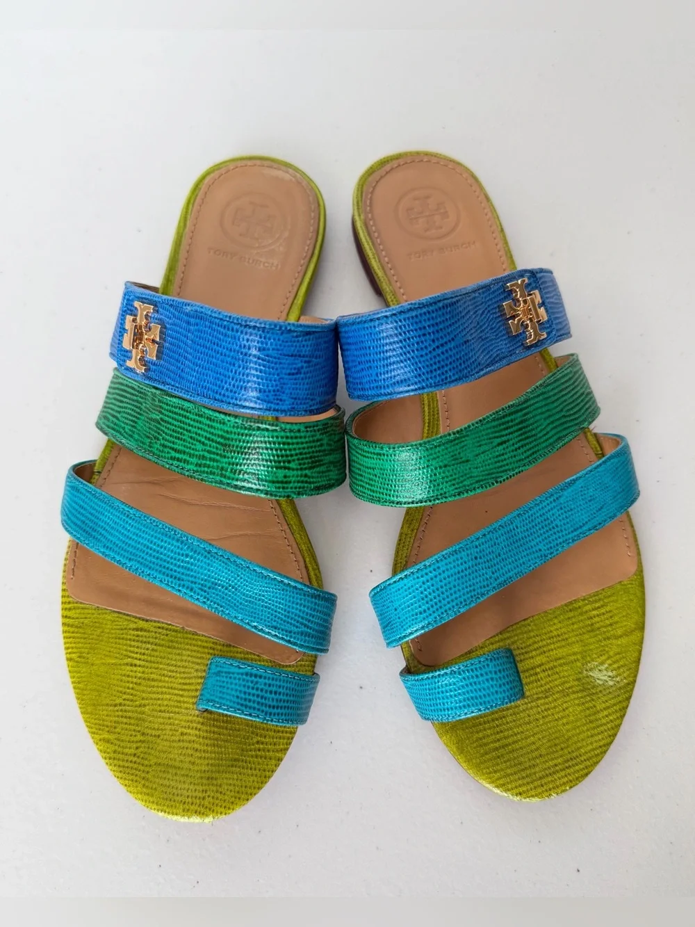 Tory Burch Kira Toe Ring Sandals Blue Green Leather Size 8 M